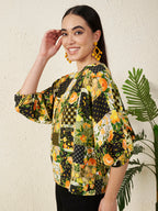 Monochrome Leaf Printed Viscose Top