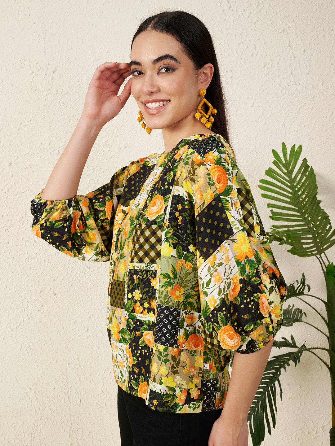 Monochrome Leaf Printed Viscose Top