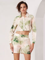 Women's Green Floral Print Crop Shirt & Shorts Co-Ord Set