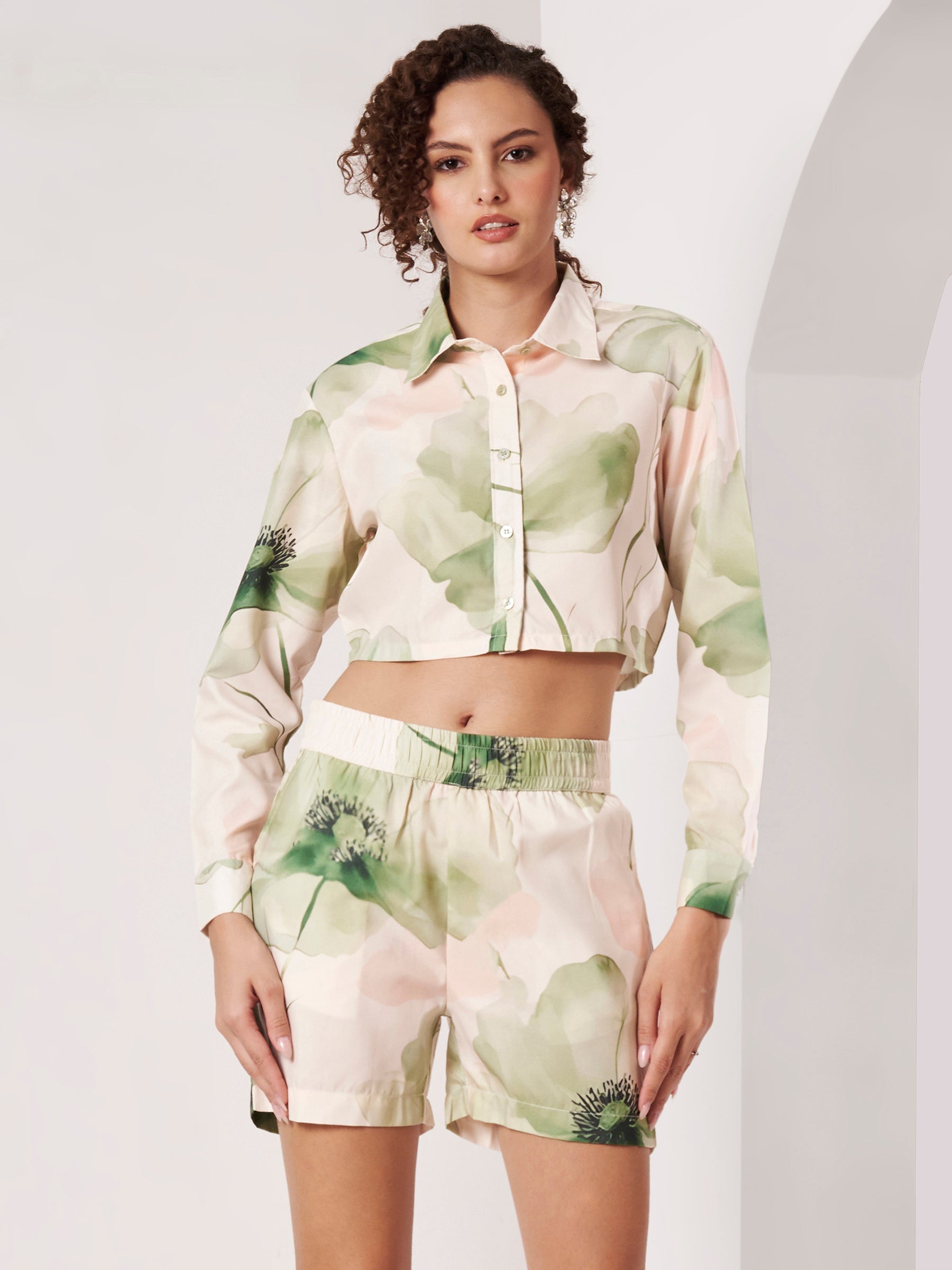 Women's Green Floral Print Crop Shirt & Shorts Co-Ord Set