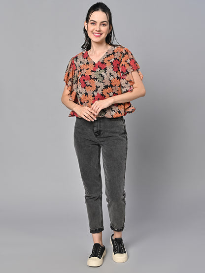Valbone Women’s Orange Georgette Print Top Short Sleeves