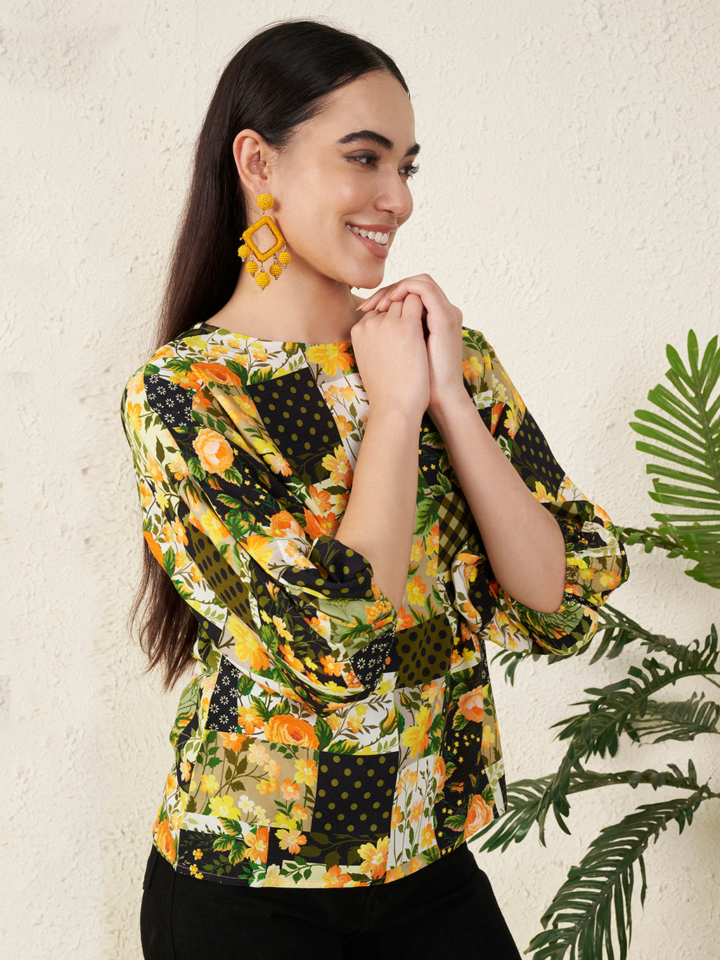 Monochrome Leaf Printed Viscose Top
