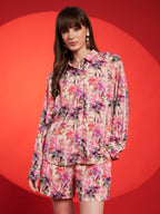 Peach & Mustard Floral Shirt-Shorts Co-Ord Set