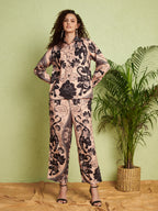 Women's Beige & Black Printed Shirt & Straight-Fit Pants Co-Ord Set