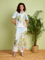Women's Sky Blue Scenic Print Shirt & Straight-Fit Pants Co-Ord Set