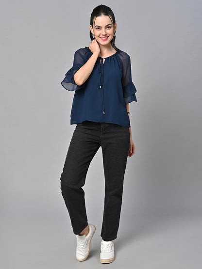 Valbone Women’s Blue Color Solid Top With Half-Sleeves