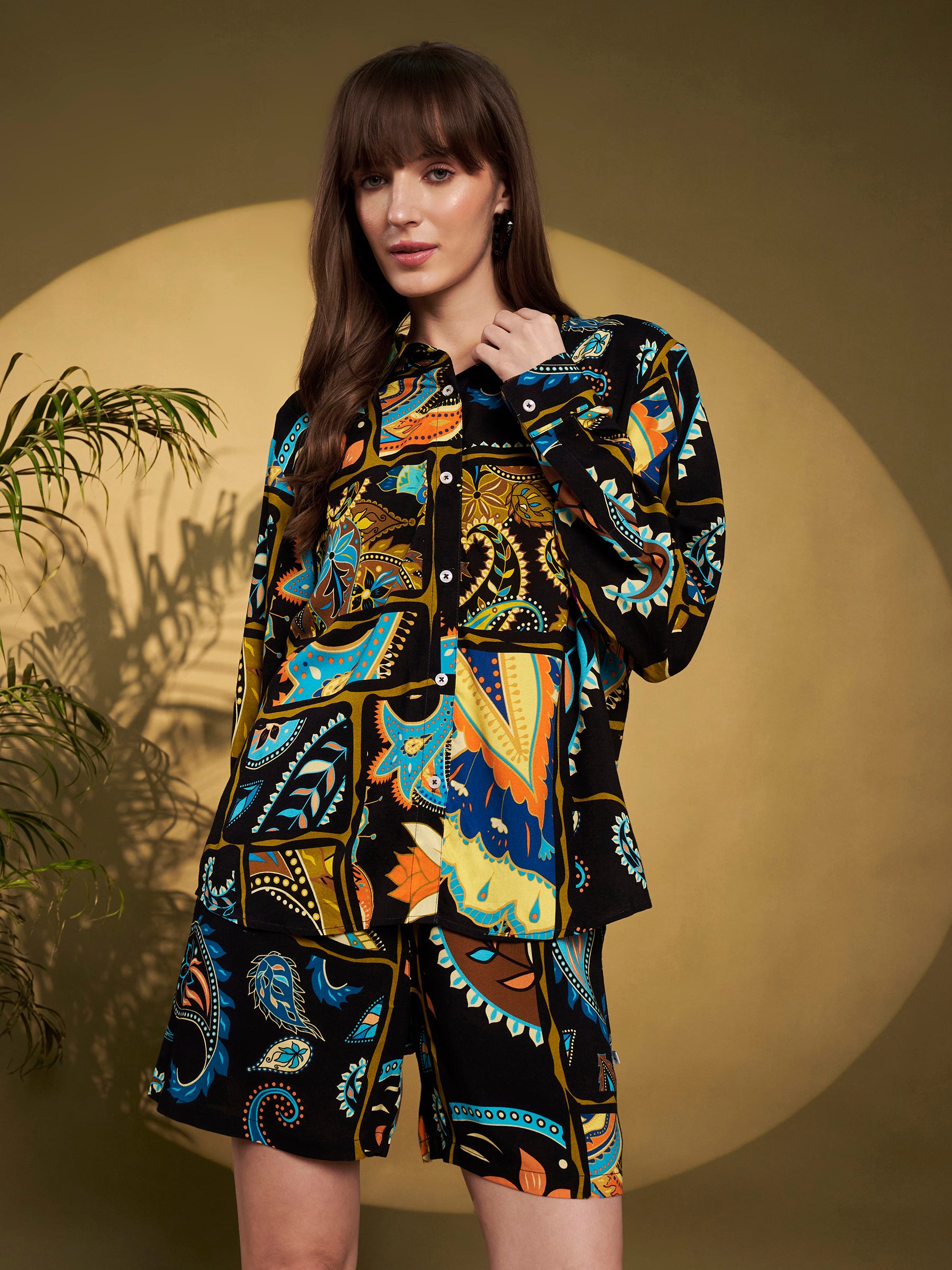 Black Multicolor Printed Shirt-Shorts Co-Ord Set