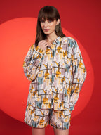 Mustard & Grey Abstract Printed Shirt-Shorts Co-Ord Set