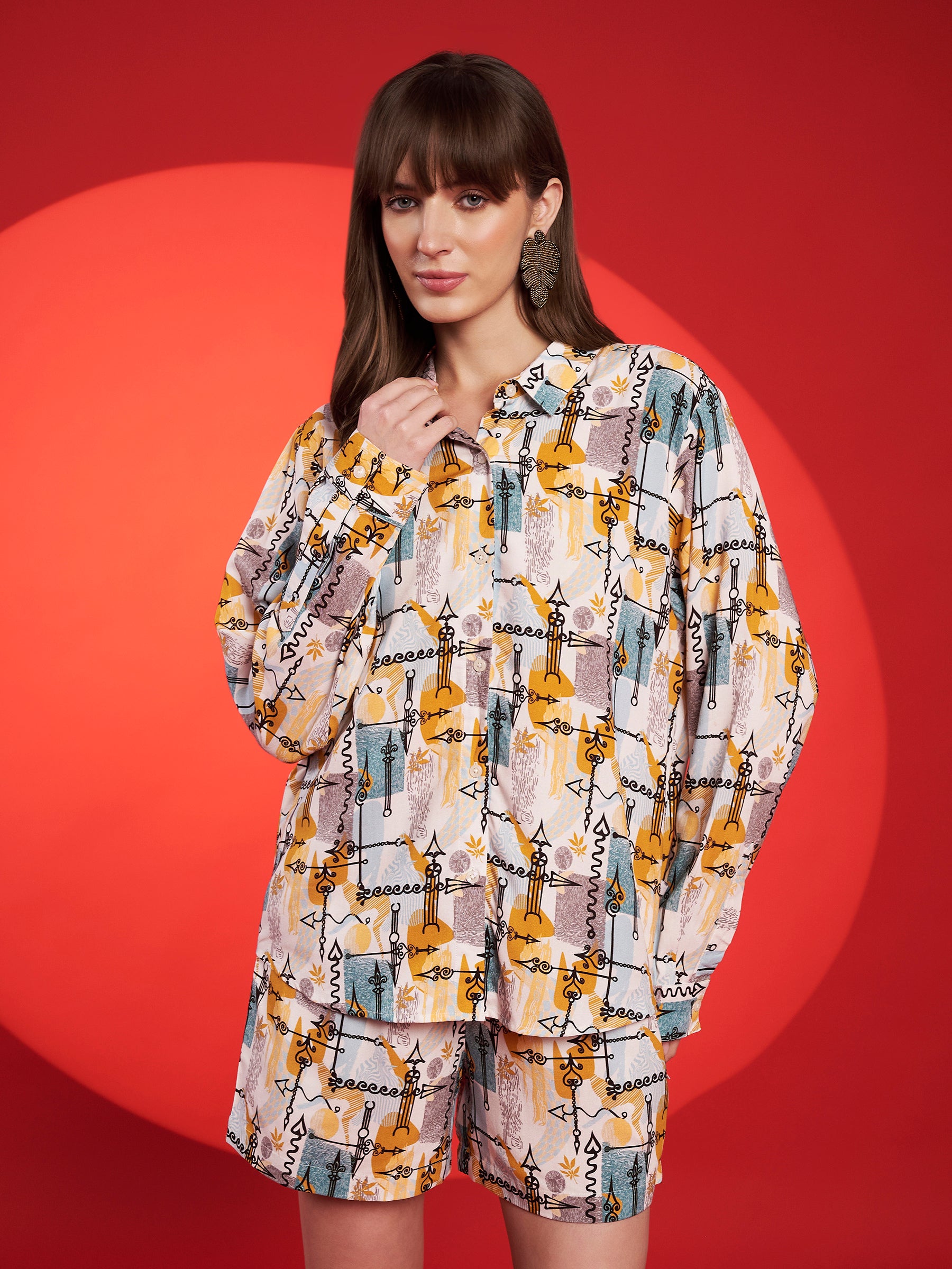 Mustard & Grey Abstract Printed Shirt-Shorts Co-Ord Set
