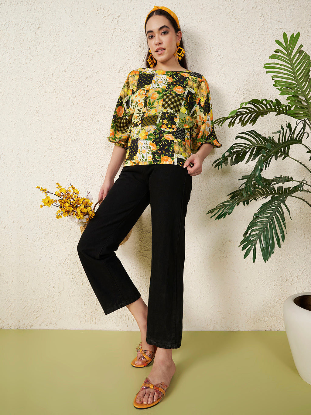 Monochrome Leaf Printed Viscose Top