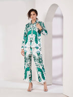 Women's White & Green Ornamental Print Shirt & Straight-Fit Pants Co-Ord Set