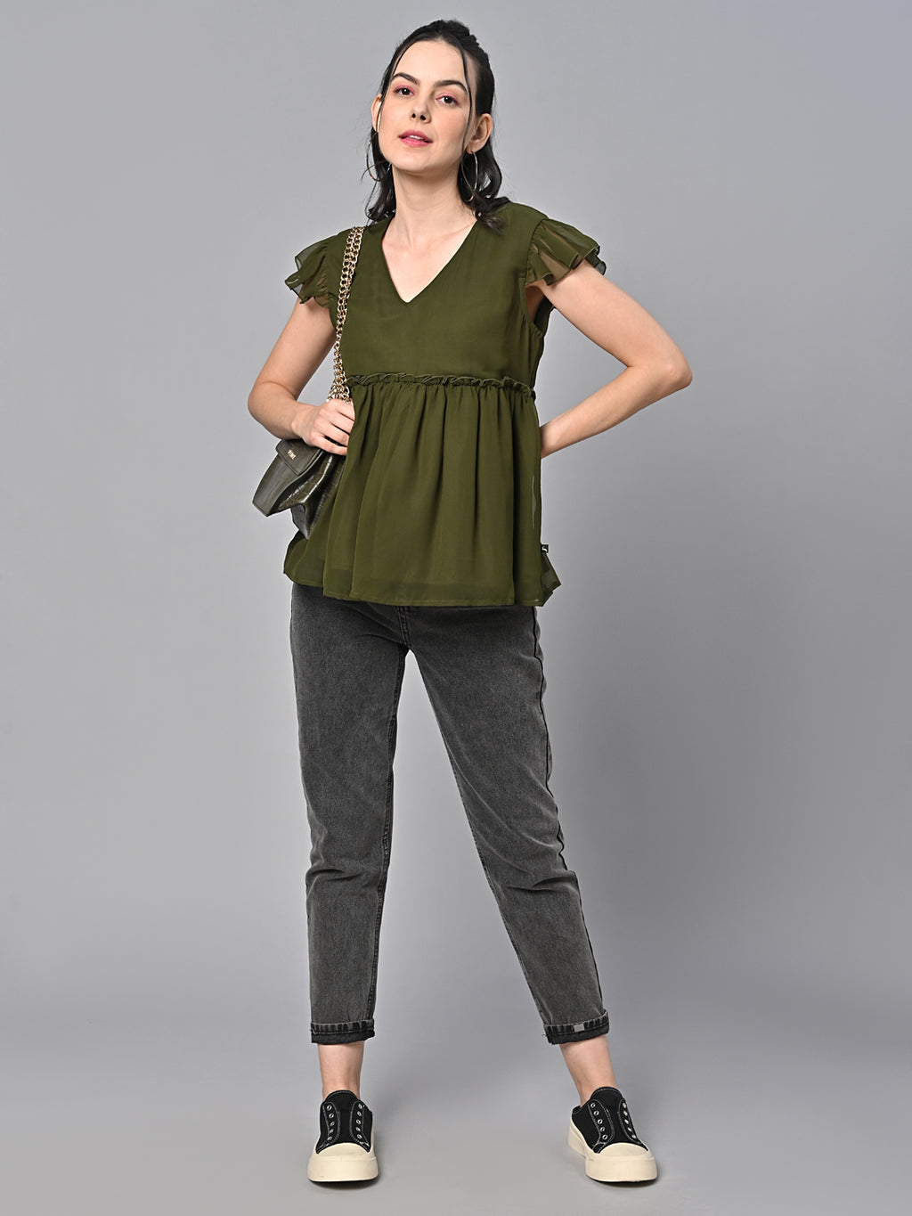Olive Green Georgette Solid Top