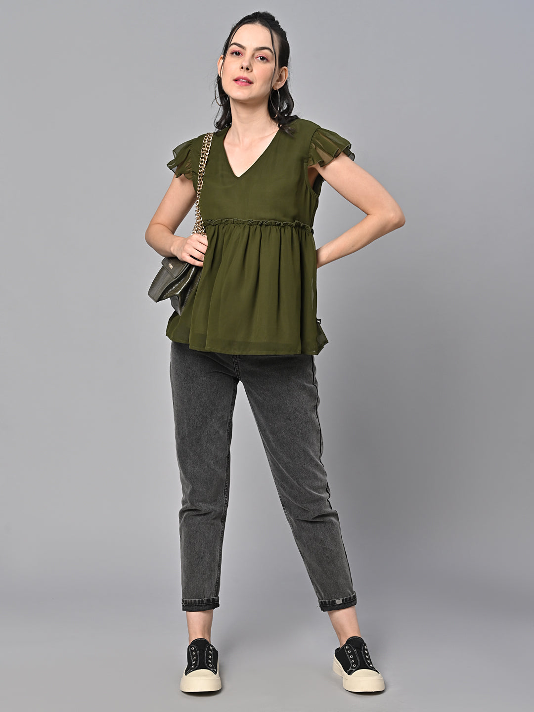 Olive Green Georgette Solid Top