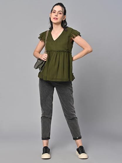 Valbone Women’s Olive Green Georgette Solid Top With Short-Sleeves