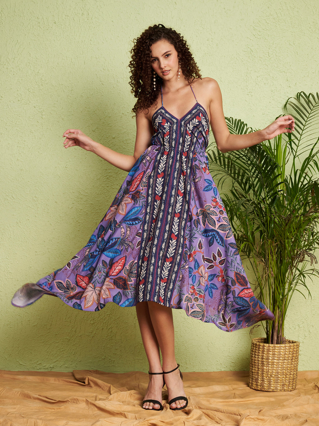 Women's Purple Floral Handkerchief Hem Midi Dress