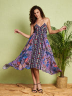 Women's Purple Floral Handkerchief Hem Midi Dress