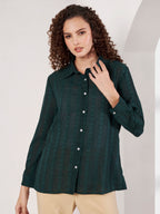 Women Dark Green Textured Regular Fit Full Sleeve Casual Shirt