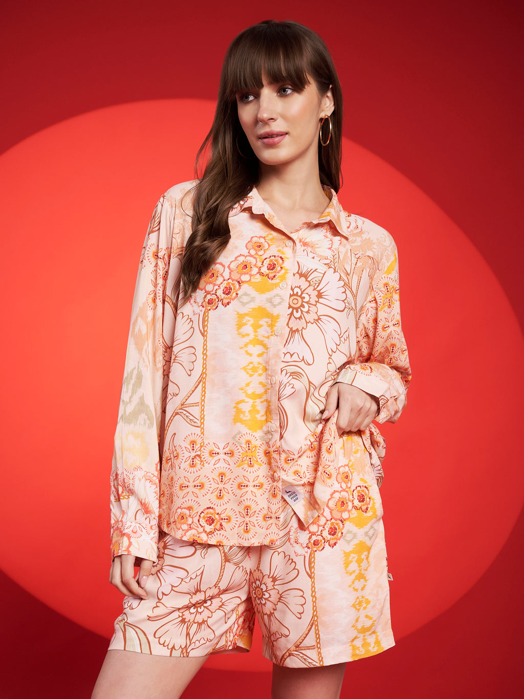 Peach & Mustard Floral Shirt-Shorts Co-Ord Set