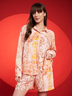 Peach & Mustard Floral Shirt-Shorts Co-Ord Set