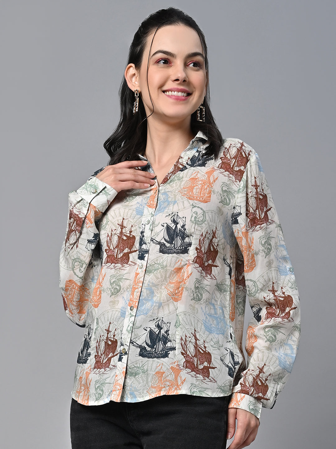 Valbone Women’s Cream Modal Silk Printed Shirt