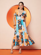 TopHill Textile Women's Multicolor Patchwork Floral Printed Cotton Maxi Dress | V-Neck Short Sleeve Casual Dress