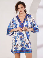 Women's Blue Floral Kimono Wrap Mini Dress