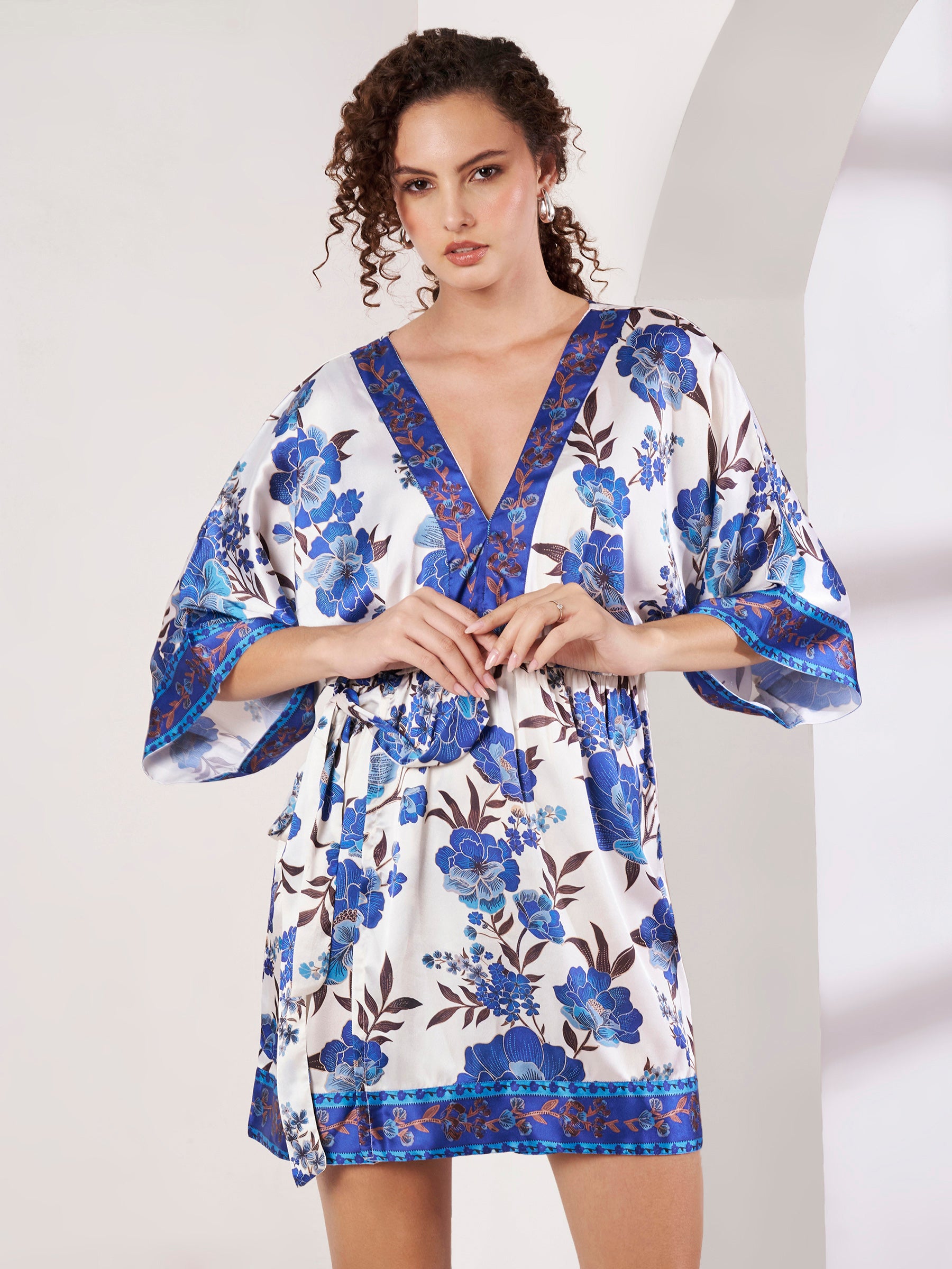 Women's Blue Floral Kimono Wrap Mini Dress