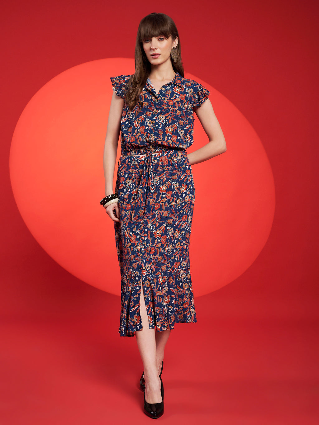 Navy Floral Belted Midi Dress