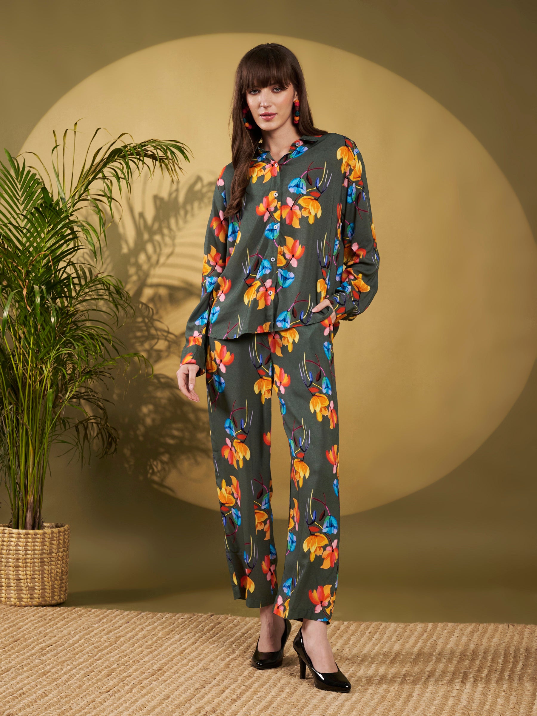 Olive Green Floral Printed Co-Ord Set