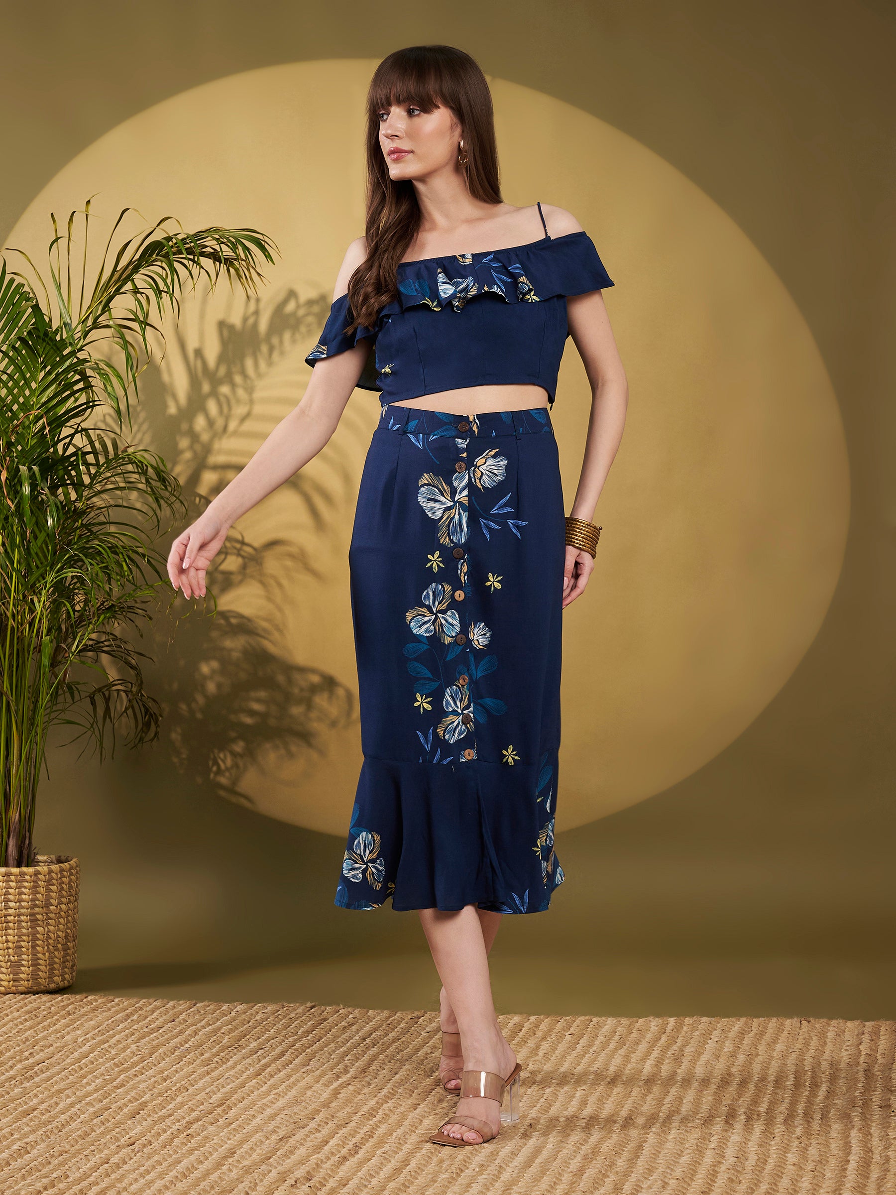 Navy Floral Ruffle Co-Ord Skirt Set