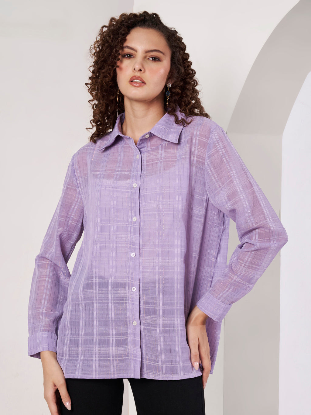 Women Lavender Checked Regular Fit Full Sleeve Casual Shirt