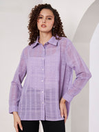 Women Lavender Checked Regular Fit Full Sleeve Casual Shirt