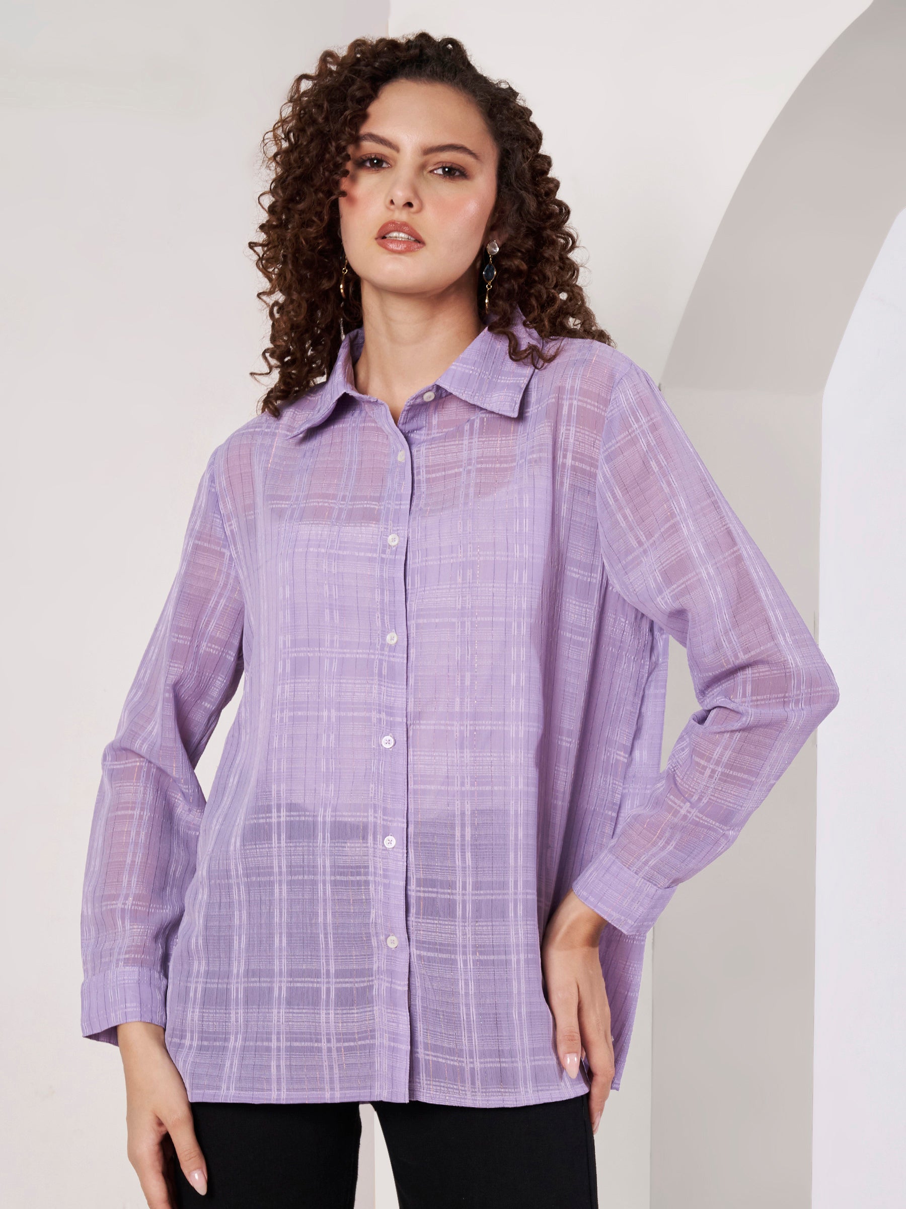 Women Lavender Checked Regular Fit Full Sleeve Casual Shirt