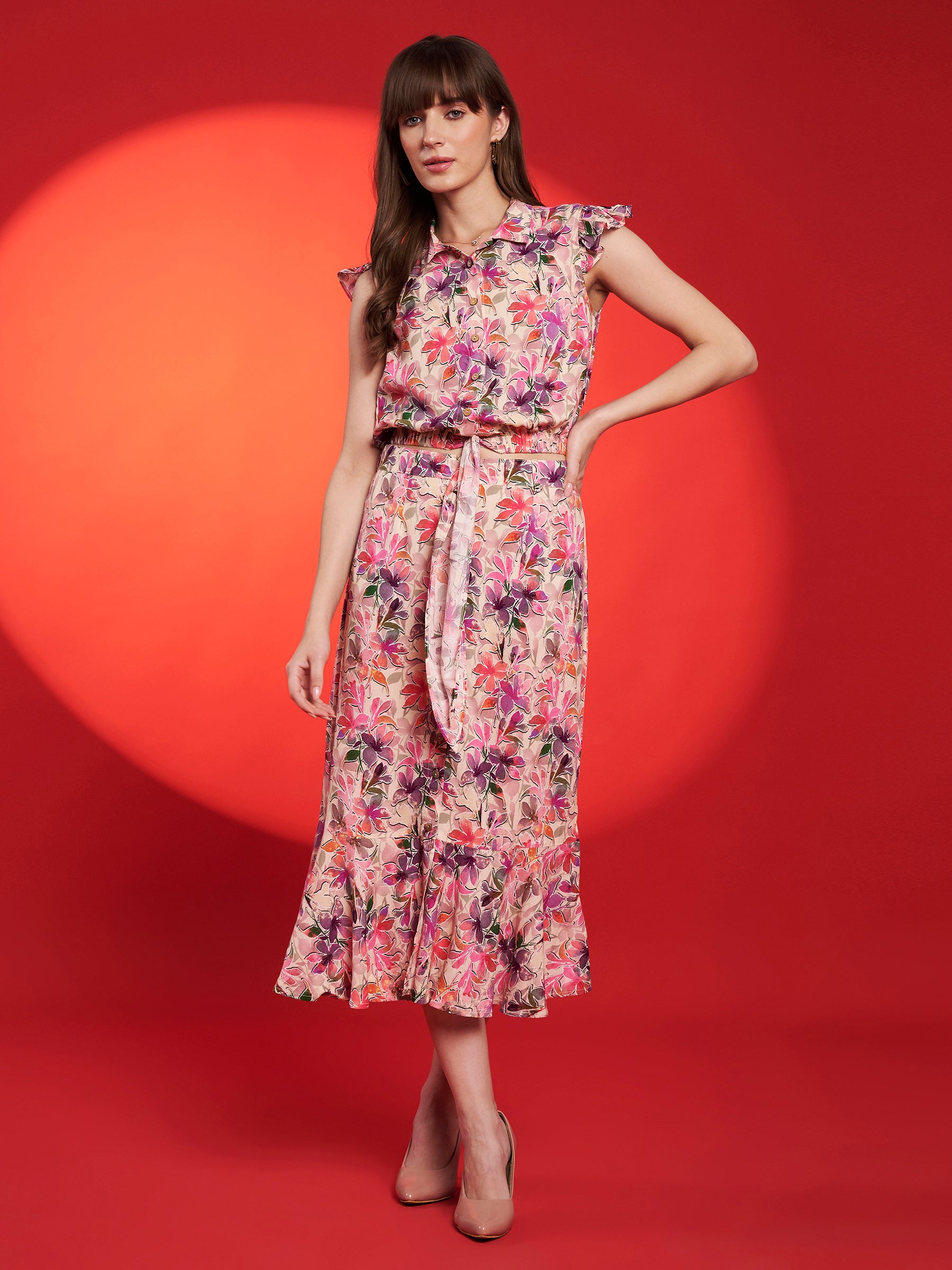 Blush Pink Floral Belted Midi Dress