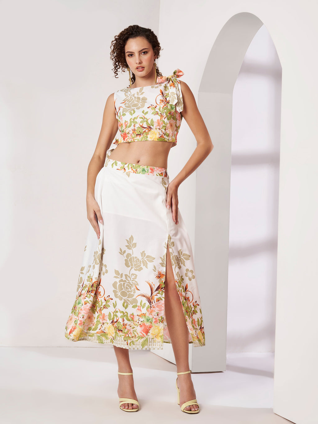 Women's White Floral Crop Top & Wrap Midi Skirt Co-Ord Set