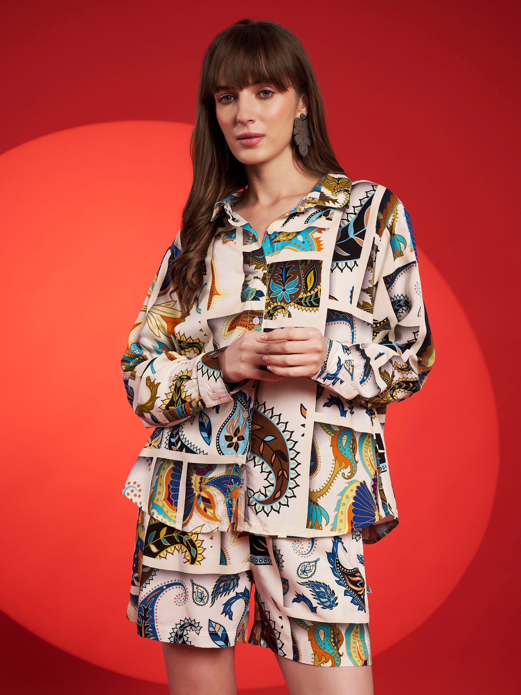 Beige Multicolor Paisley Printed Shirt-Shorts Co-Ord Set