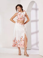 Women's White Floral Crop Top & Wrap Midi Skirt Co-Ord Set