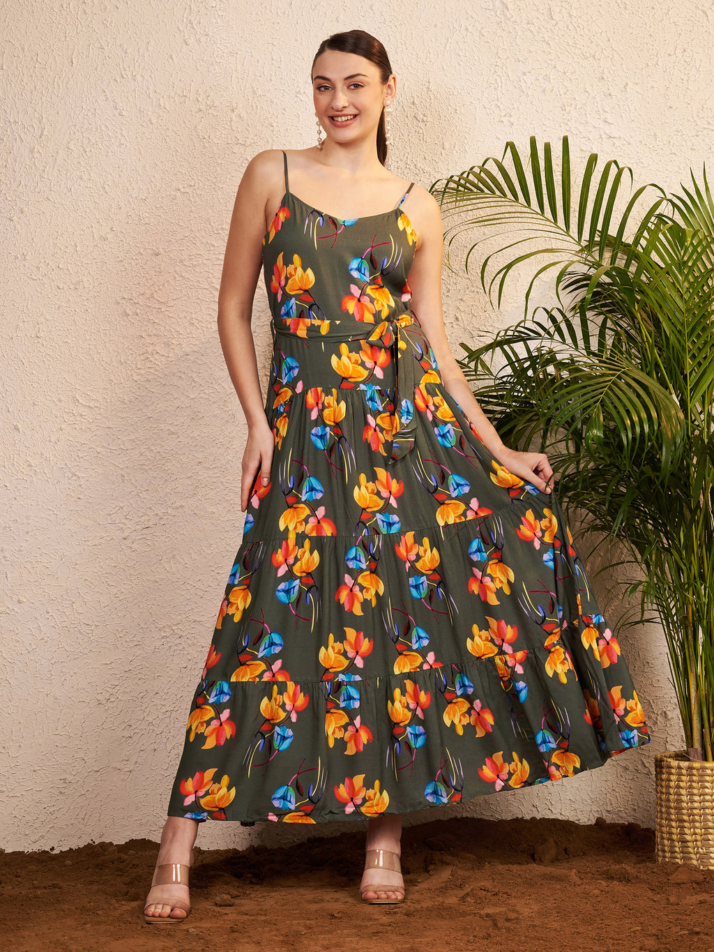 Women's Olive Green Floral Printed Tiered Maxi Dress | Sleeveless Tie-Up Waist Summer Dress