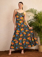 Women's Olive Green Floral Printed Tiered Maxi Dress | Sleeveless Tie-Up Waist Summer Dress