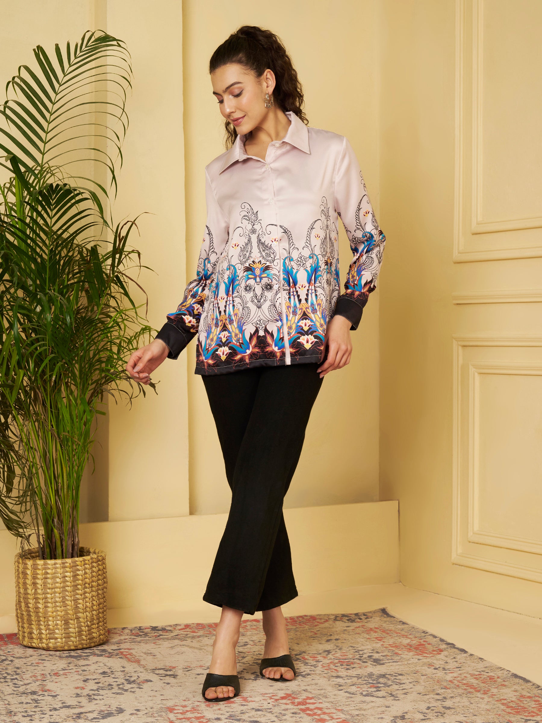 elegant Printed Satin Shirt,