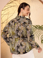 Black & Olive Paisley Printed Shirt with Contrast Placket