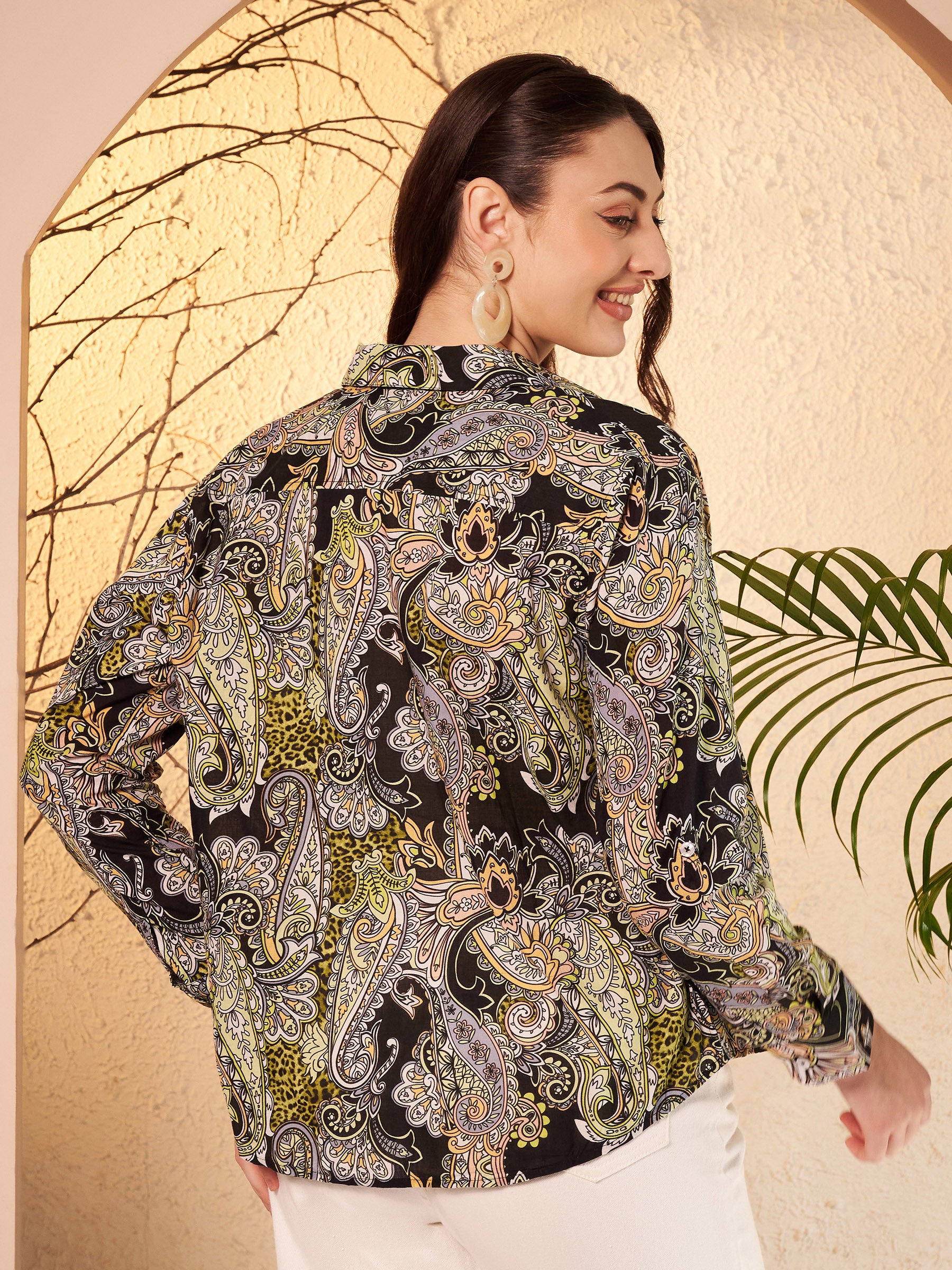 Black & Olive Paisley Printed Shirt with Contrast Placket