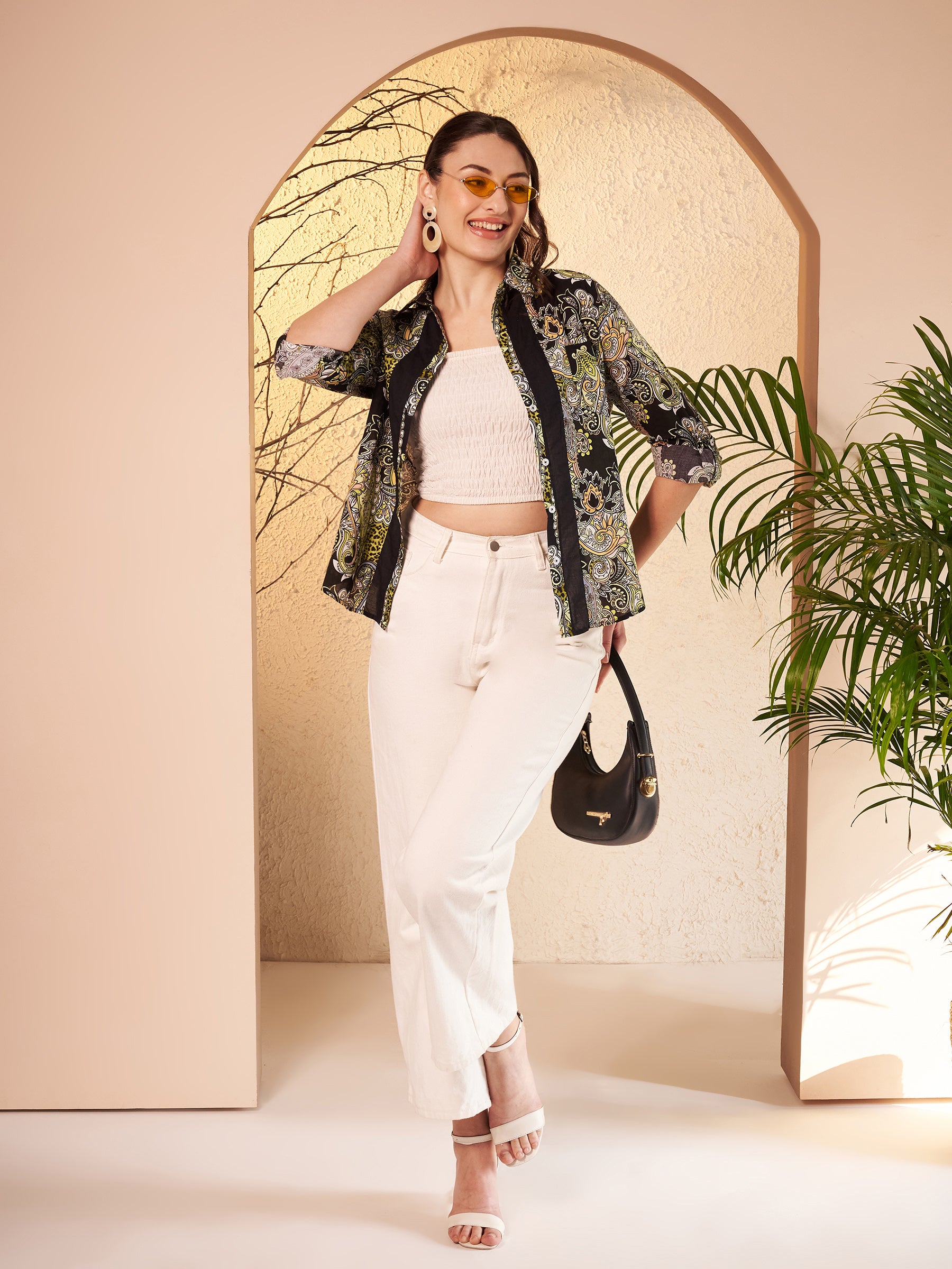 Black & Olive Paisley Printed Shirt with Contrast Placket