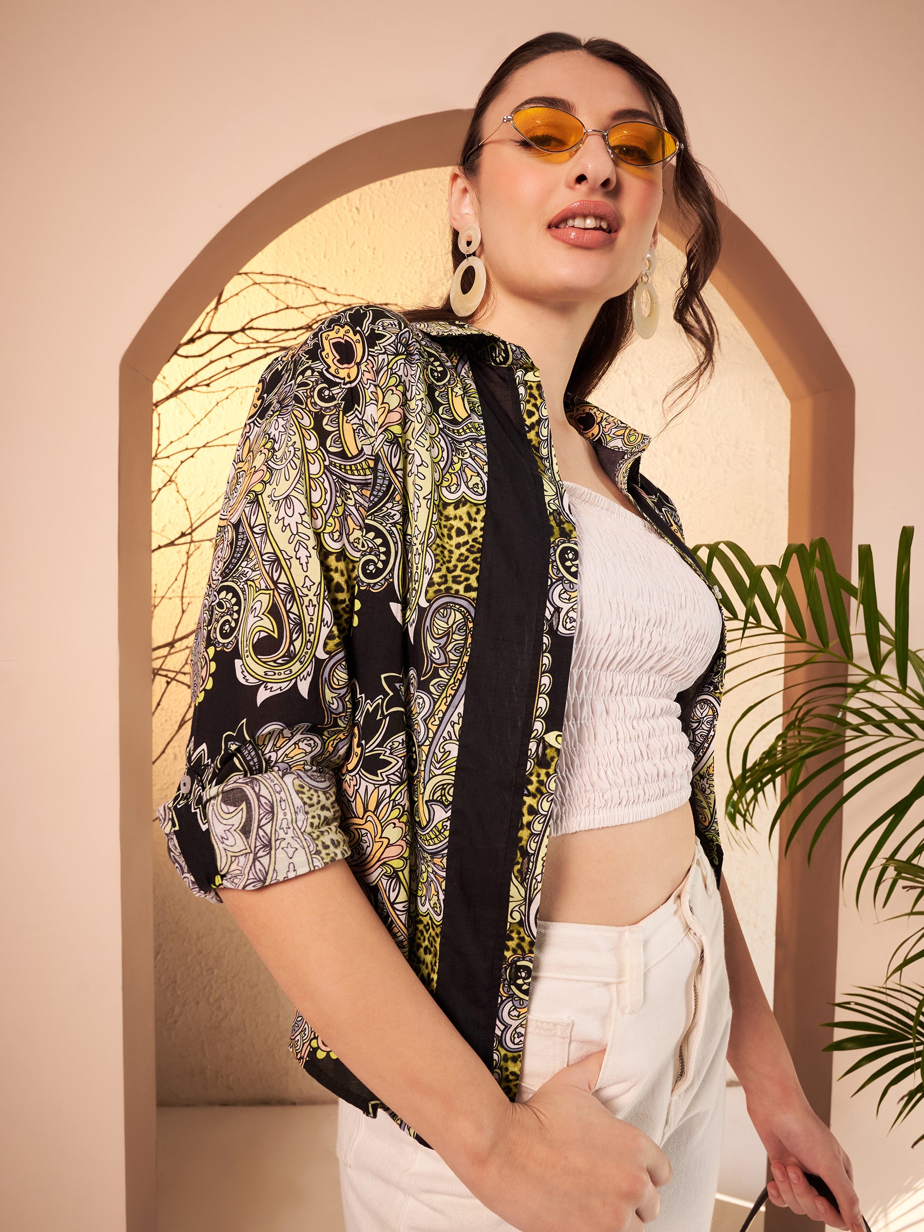 Black & Olive Paisley Printed Shirt with Contrast Placket