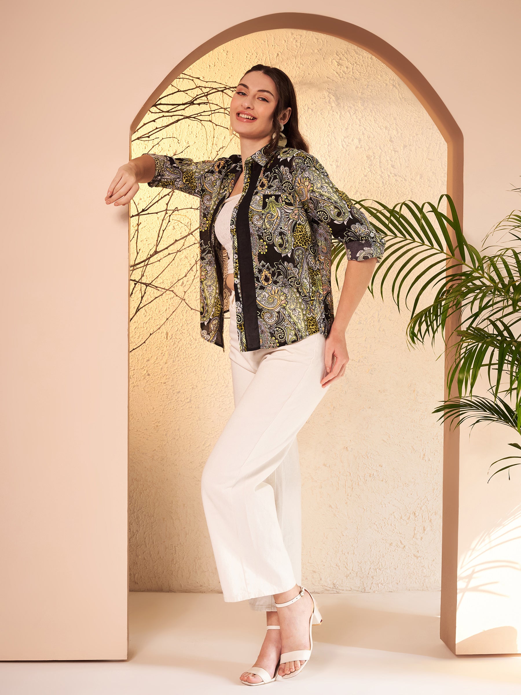 Black & Olive Paisley Printed Shirt with Contrast Placket