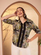 Black & Olive Paisley Printed Shirt with Contrast Placket