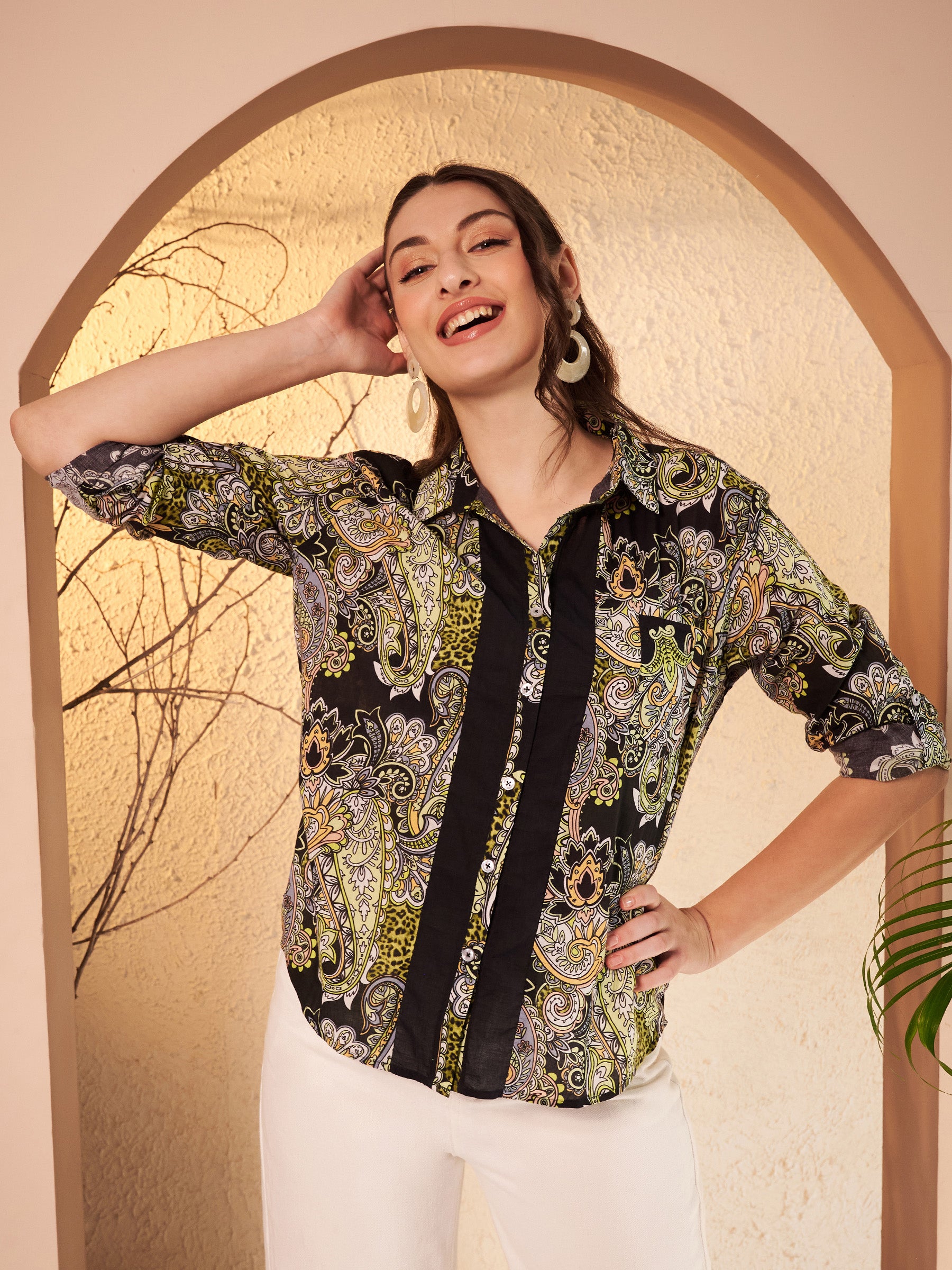 Black & Olive Paisley Printed Shirt with Contrast Placket