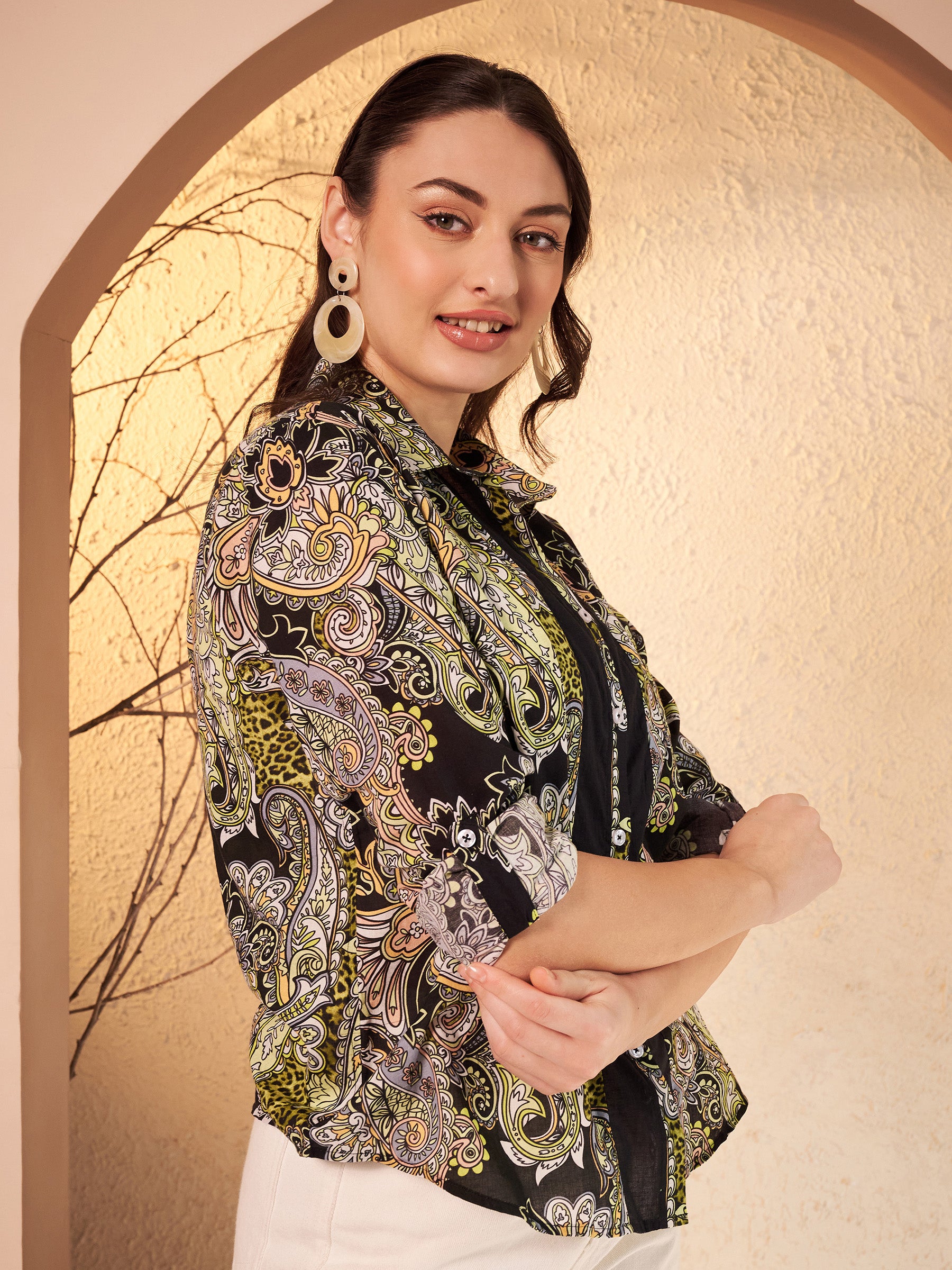 Black & Olive Paisley Printed Shirt with Contrast Placket