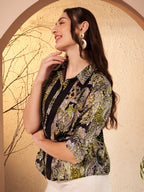 Black & Olive Paisley Printed Shirt with Contrast Placket