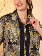 Black & Olive Paisley Printed Shirt with Contrast Placket